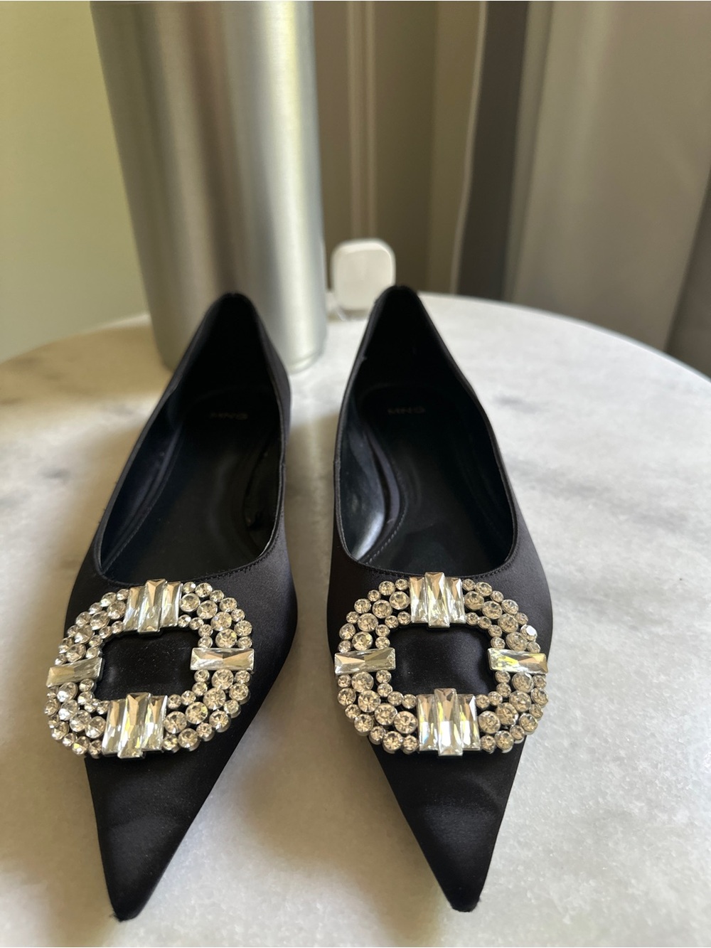 Mango Black Satin Pointed Toe Flats with Crystal Buckle